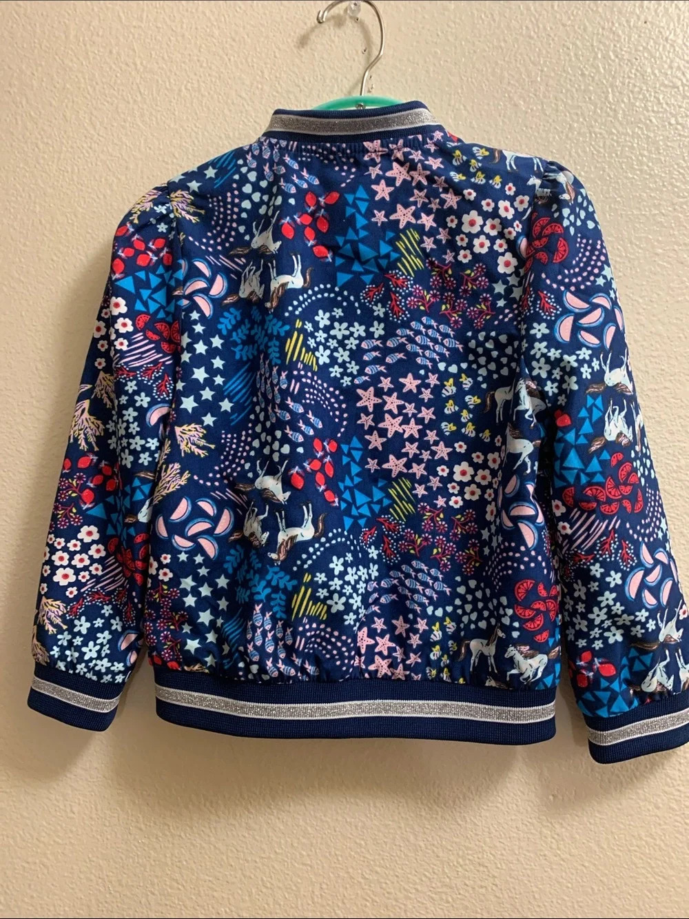 Monsoon Blue Floral Unicorn Silver Sparkle Bomber Jacket Girl’s 3-4 Years.     V